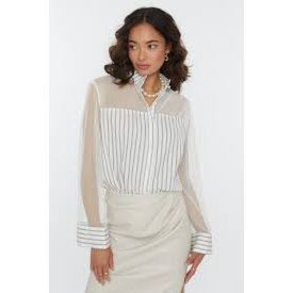 FRENCHMAUVE Womens Vivian Striped Sheer Sleeve Button Down Shirt White 1X